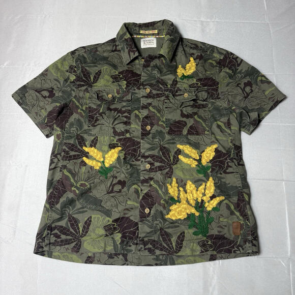 Scotch & Soda Embroidered FaveCamouflage Floral Short Sleeve Shirt Size Medium